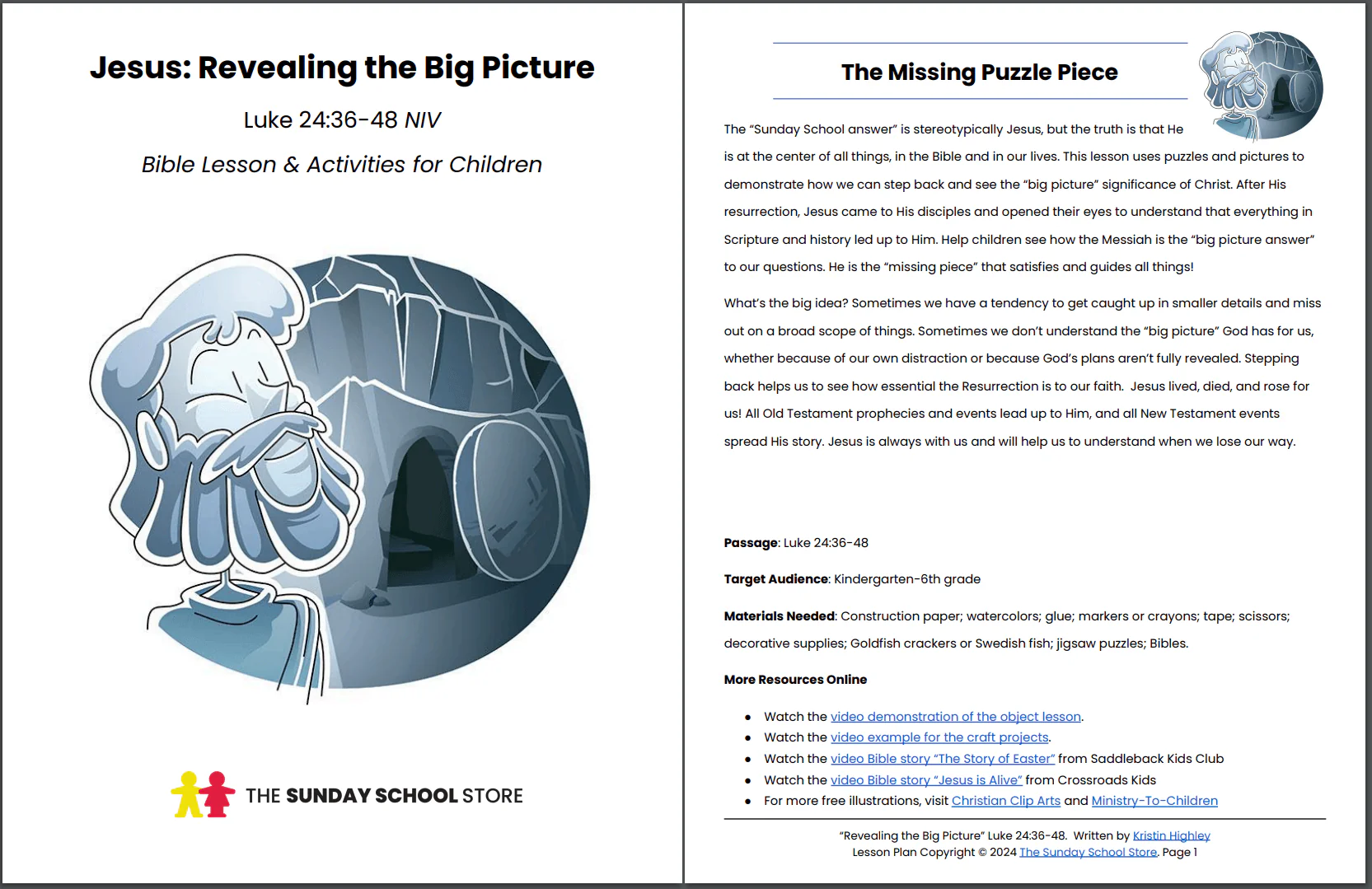 Jesus Appears to the Disciples (Luke 24:36-48) Kids' Bible Lesson & Sunday School Activities PDF