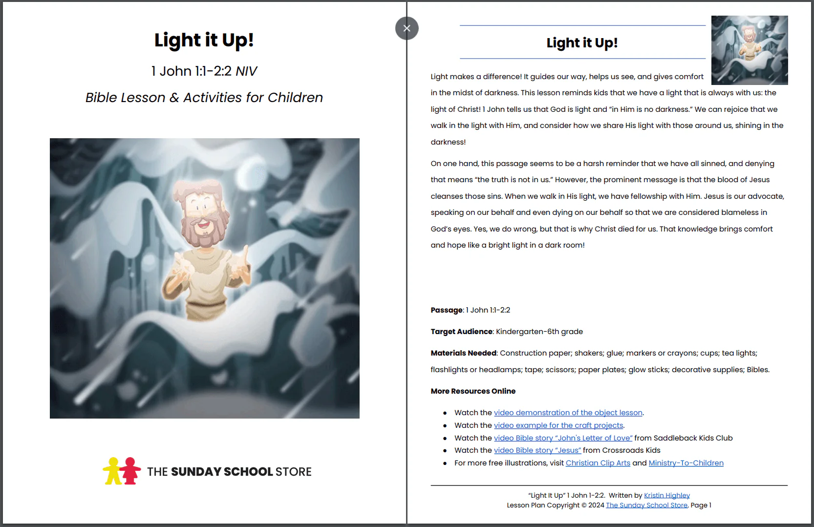 The Light of Christ (John 1:1 - 2:2) Printable Bible Lesson & Sunday School Activities PDF