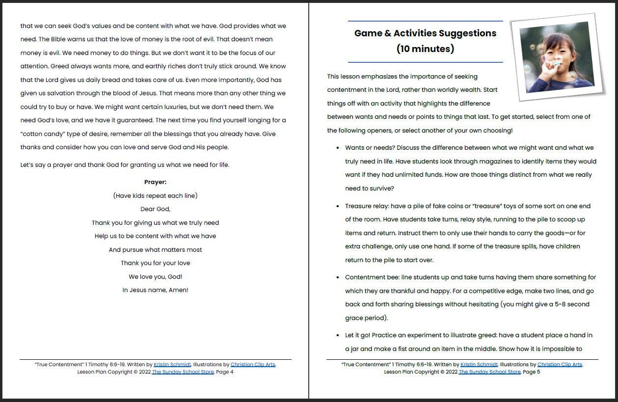 True Contentment Vs. Love of Money (1 Timothy 6:9-19) Printable Bible Lesson & Sunday School Activities - Image 4