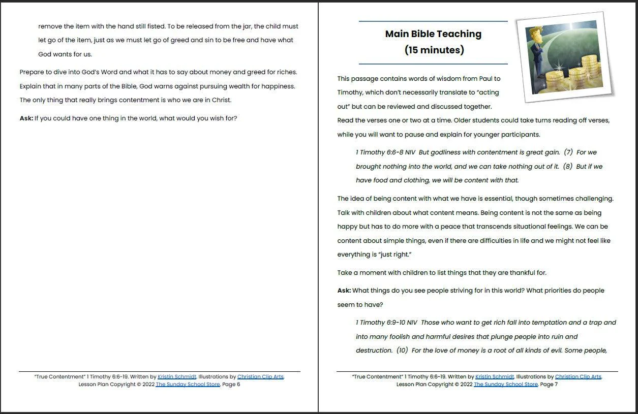 True Contentment Vs. Love of Money (1 Timothy 6:9-19) Printable Bible Lesson & Sunday School Activities - Image 5